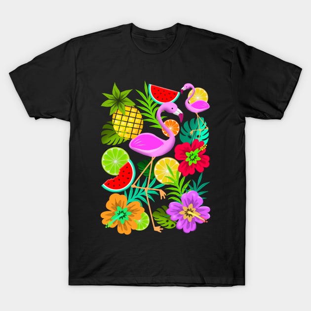 Flamingo, Pineapple, Watermelon Summer Fun Pattern T-Shirt by BluedarkArt